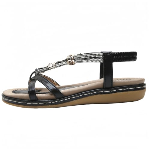 FQLGJMY Damen Sommer bequeme Knöchel Elastischer Gurt Sandalen mit Kristall Blumen Detail Komfort Fußbett Bohemian-Stil Farbige Strand Flache Schuhe für Kleider Urlaub offene Zehe von FQLGJMY