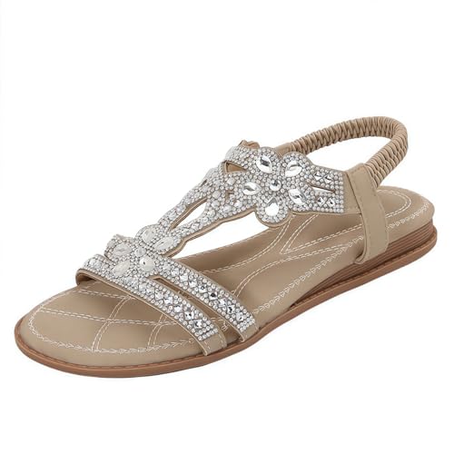 FQLGJMY Damen Sommer bequeme Knöchel Elastischer Gurt Sandalen mit Kristall Blumen Detail Komfort Fußbett Bohemian-Stil Farbige Strand Flache Schuhe für Kleider Urlaub offene Zehe von FQLGJMY