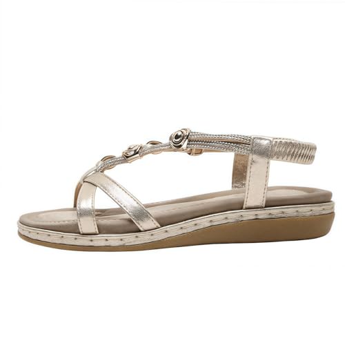 FQLGJMY Damen Sommer bequeme Knöchel Elastischer Gurt Sandalen mit Kristall Blumen Detail Komfort Fußbett Bohemian-Stil Farbige Strand Flache Schuhe für Kleider Urlaub offene Zehe von FQLGJMY