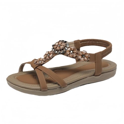 FQLGJMY Damen Sommer bequeme Knöchel Elastischer Gurt Sandalen mit Kristall Blumen Detail Komfort Fußbett Bohemian-Stil Farbige Strand Flache Schuhe für Kleider Urlaub offene Zehe von FQLGJMY