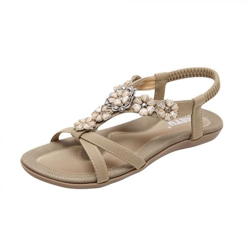 FQLGJMY Damen Sommer bequeme Knöchel Elastischer Gurt Sandalen mit Kristall Blumen Detail Komfort Fußbett Bohemian-Stil Farbige Strand Flache Schuhe für Kleider Urlaub offene Zehe von FQLGJMY