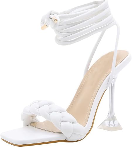 FQLGJMY Damen Stiletto High Heel Sandalen Tie Up Open Toe Slingback Spiral Wrap Around Sommer Schuhe mit Strass für Prom Party von FQLGJMY