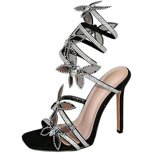 FQLGJMY Damen Stiletto High Heel Sandalen Tie Up Open Toe Slingback Spiral Wrap Around Sommer Schuhe mit Strass für Prom Party von FQLGJMY
