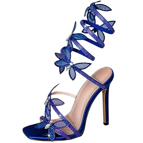 FQLGJMY Damen Stiletto High Heel Sandalen Tie Up Open Toe Slingback Spiral Wrap Around Sommer Schuhe mit Strass für Prom Party von FQLGJMY