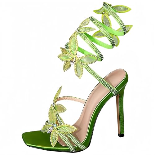 FQLGJMY Damen Stiletto High Heel Sandalen Tie Up Open Toe Slingback Spiral Wrap Around Sommer Schuhe mit Strass für Prom Party von FQLGJMY