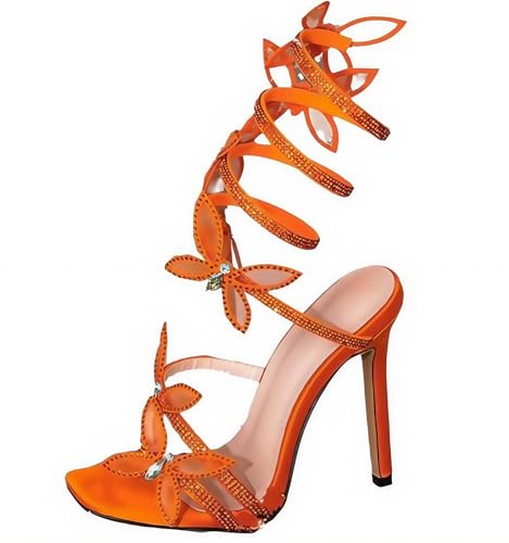 FQLGJMY Damen Stiletto High Heel Sandalen Tie Up Open Toe Slingback Spiral Wrap Around Sommer Schuhe mit Strass für Prom Party von FQLGJMY