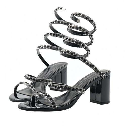 FQLGJMY Damen Stiletto High Heel Sandalen Tie Up Open Toe Slingback Spiral Wrap Around Sommer Schuhe mit Strass für Prom Party von FQLGJMY