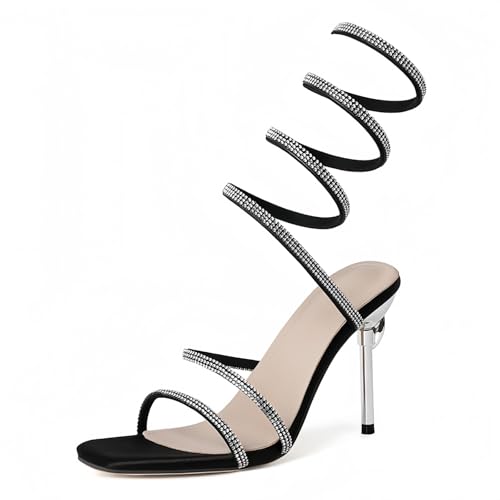 FQLGJMY Damen Stiletto High Heel Sandalen Tie Up Open Toe Slingback Spiral Wrap Around Sommer Schuhe mit Strass für Prom Party von FQLGJMY