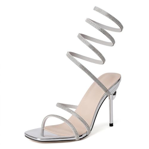 FQLGJMY Damen Stiletto High Heel Sandalen Tie Up Open Toe Slingback Spiral Wrap Around Sommer Schuhe mit Strass für Prom Party von FQLGJMY