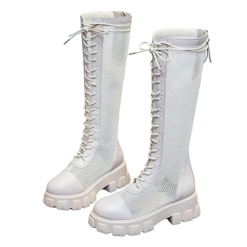 FQLGJMY Frauen Mitte Kalb Knie hohe Cowboy Kampfstiefel Vintage ethnische Blume Design Leder Spitze Runde Zehe Chunky niedrige Ferse Reitstiefel Boho Winter Herbst Kleid Stiefel Party Dekor von FQLGJMY