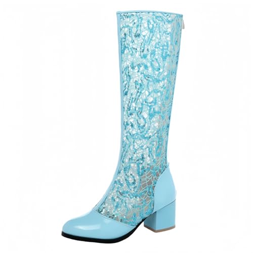 FQLGJMY Frauen Mitte Kalb Knie hohe Cowboy Kampfstiefel Vintage ethnische Blume Design Leder Spitze Runde Zehe Chunky niedrige Ferse Reitstiefel Boho Winter Herbst Kleid Stiefel Party Dekor von FQLGJMY