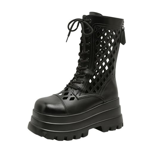 FQLGJMY Frauen Mitte Kalb Knie hohe Cowboy Kampfstiefel Vintage ethnische Blume Design Leder Spitze Runde Zehe Chunky niedrige Ferse Reitstiefel Boho Winter Herbst Kleid Stiefel Party Dekor von FQLGJMY