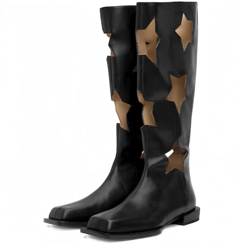 FQLGJMY Frauen Mitte Kalb Knie hohe Cowboy Kampfstiefel Vintage ethnische Blume Design Leder Spitze Runde Zehe Chunky niedrige Ferse Reitstiefel Boho Winter Herbst Kleid Stiefel Party Dekor von FQLGJMY
