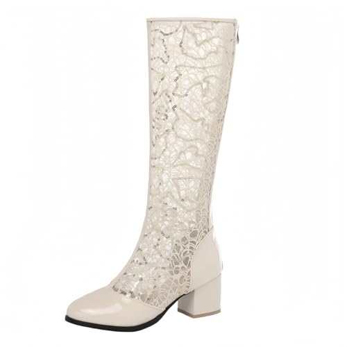 FQLGJMY Frauen Mitte Kalb Knie hohe Cowboy Kampfstiefel Vintage ethnische Blume Design Leder Spitze Runde Zehe Chunky niedrige Ferse Reitstiefel Boho Winter Herbst Kleid Stiefel Party Dekor von FQLGJMY