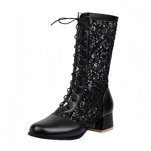 FQLGJMY Frauen Mitte Kalb Knie hohe Cowboy Kampfstiefel Vintage ethnische Blume Design Leder Spitze Runde Zehe Chunky niedrige Ferse Reitstiefel Boho Winter Herbst Kleid Stiefel Party Dekor von FQLGJMY