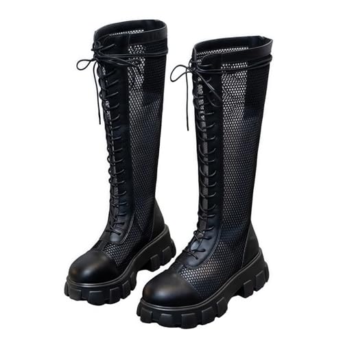 FQLGJMY Frauen Mitte Kalb Knie hohe Cowboy Kampfstiefel Vintage ethnische Blume Design Leder Spitze Runde Zehe Chunky niedrige Ferse Reitstiefel Boho Winter Herbst Kleid Stiefel Party Dekor von FQLGJMY