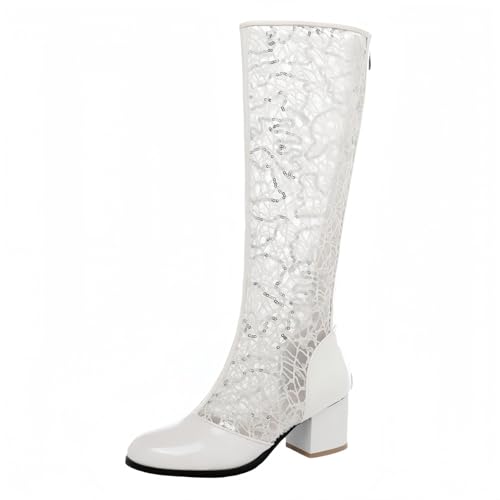 FQLGJMY Frauen Mitte Kalb Knie hohe Cowboy Kampfstiefel Vintage ethnische Blume Design Leder Spitze Runde Zehe Chunky niedrige Ferse Reitstiefel Boho Winter Herbst Kleid Stiefel Party Dekor von FQLGJMY