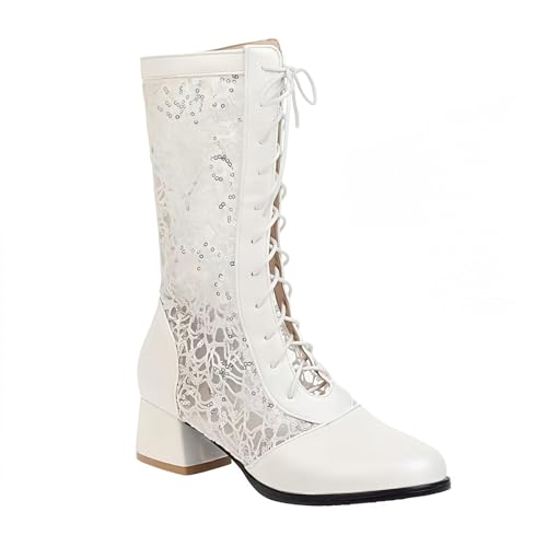 FQLGJMY Frauen Mitte Kalb Knie hohe Cowboy Kampfstiefel Vintage ethnische Blume Design Leder Spitze Runde Zehe Chunky niedrige Ferse Reitstiefel Boho Winter Herbst Kleid Stiefel Party Dekor von FQLGJMY