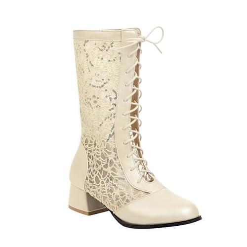 FQLGJMY Frauen Mitte Kalb Knie hohe Cowboy Kampfstiefel Vintage ethnische Blume Design Leder Spitze Runde Zehe Chunky niedrige Ferse Reitstiefel Boho Winter Herbst Kleid Stiefel Party Dekor von FQLGJMY