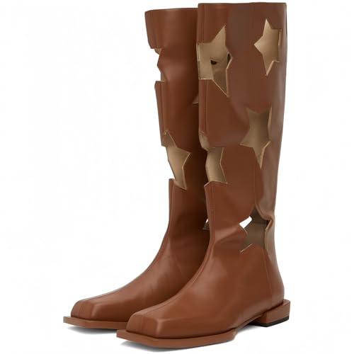 FQLGJMY Frauen Mitte Kalb Knie hohe Cowboy Kampfstiefel Vintage ethnische Blume Design Leder Spitze Runde Zehe Chunky niedrige Ferse Reitstiefel Boho Winter Herbst Kleid Stiefel Party Dekor von FQLGJMY