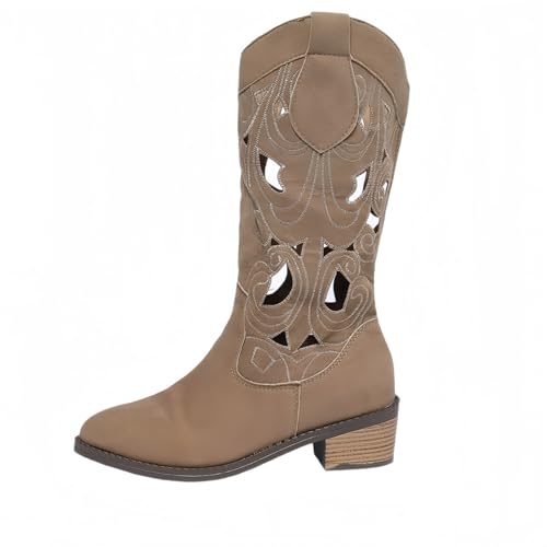 FQLGJMY Frauen Mitte Kalb Knie hohe Cowboy Kampfstiefel Vintage ethnische Blume Design Leder Spitze Runde Zehe Chunky niedrige Ferse Reitstiefel Boho Winter Herbst Kleid Stiefel Party Dekor von FQLGJMY