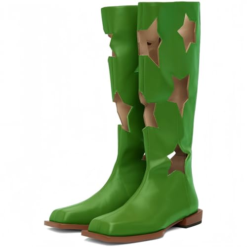 FQLGJMY Frauen Mitte Kalb Knie hohe Cowboy Kampfstiefel Vintage ethnische Blume Design Leder Spitze Runde Zehe Chunky niedrige Ferse Reitstiefel Boho Winter Herbst Kleid Stiefel Party Dekor von FQLGJMY