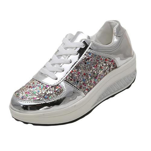 FQLGJMY Frauen Plattform Glitter Sneakers mit Spitze-Up Design Funkelnde Leichtgewicht Tennis Schuhe Strass Mode Chunky Bling Schuhe für Hochzeit Braut glänzende Pailletten Party Walking Sneakers von FQLGJMY