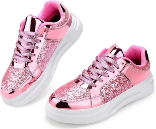 FQLGJMY Frauen Plattform Glitter Sneakers mit Spitze-Up Design Funkelnde Leichtgewicht Tennis Schuhe Strass Mode Chunky Bling Schuhe für Hochzeit Braut glänzende Pailletten Party Walking Sneakers von FQLGJMY