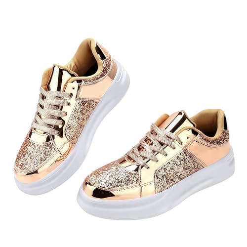 FQLGJMY Frauen Plattform Glitter Sneakers mit Spitze-Up Design Funkelnde Leichtgewicht Tennis Schuhe Strass Mode Chunky Bling Schuhe für Hochzeit Braut glänzende Pailletten Party Walking Sneakers von FQLGJMY