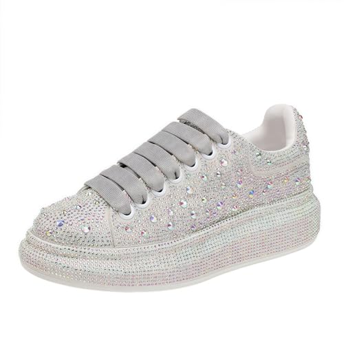 FQLGJMY Frauen Plattform Glitter Sneakers mit Spitze-Up Design Funkelnde Leichtgewicht Tennis Schuhe Strass Mode Chunky Bling Schuhe für Hochzeit Braut glänzende Pailletten Party Walking Sneakers von FQLGJMY