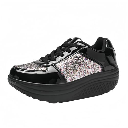 FQLGJMY Frauen Plattform Glitter Sneakers mit Spitze-Up Design Funkelnde Leichtgewicht Tennis Schuhe Strass Mode Chunky Bling Schuhe für Hochzeit Braut glänzende Pailletten Party Walking Sneakers von FQLGJMY