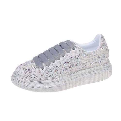 FQLGJMY Frauen Plattform Glitter Sneakers mit Spitze-Up Design Funkelnde Leichtgewicht Tennis Schuhe Strass Mode Chunky Bling Schuhe für Hochzeit Braut glänzende Pailletten Party Walking Sneakers von FQLGJMY