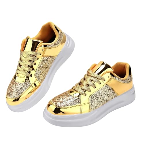 FQLGJMY Frauen Plattform Glitter Sneakers mit Spitze-Up Design Funkelnde Leichtgewicht Tennis Schuhe Strass Mode Chunky Bling Schuhe für Hochzeit Braut glänzende Pailletten Party Walking Sneakers von FQLGJMY