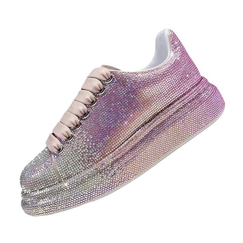 FQLGJMY Frauen Plattform Glitter Sneakers mit Spitze-Up Design Funkelnde Leichtgewicht Tennis Schuhe Strass Mode Chunky Bling Schuhe für Hochzeit Braut glänzende Pailletten Party Walking Sneakers von FQLGJMY