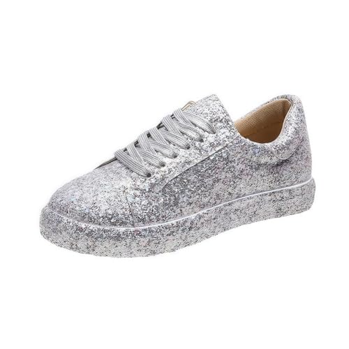 FQLGJMY Frauen Plattform Glitter Sneakers mit Spitze-Up Design Funkelnde Leichtgewicht Tennis Schuhe Strass Mode Chunky Bling Schuhe für Hochzeit Braut glänzende Pailletten Party Walking Sneakers von FQLGJMY