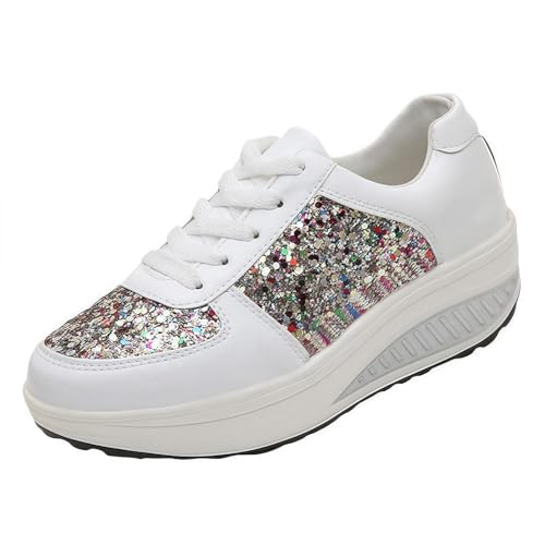 FQLGJMY Frauen Plattform Glitter Sneakers mit Spitze-Up Design Funkelnde Leichtgewicht Tennis Schuhe Strass Mode Chunky Bling Schuhe für Hochzeit Braut glänzende Pailletten Party Walking Sneakers von FQLGJMY