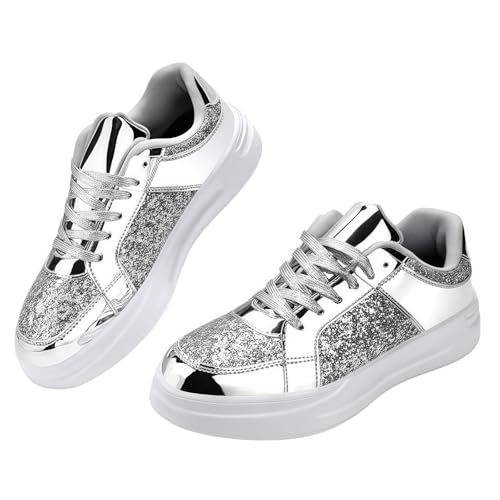 FQLGJMY Frauen Plattform Glitter Sneakers mit Spitze-Up Design Funkelnde Leichtgewicht Tennis Schuhe Strass Mode Chunky Bling Schuhe für Hochzeit Braut glänzende Pailletten Party Walking Sneakers von FQLGJMY