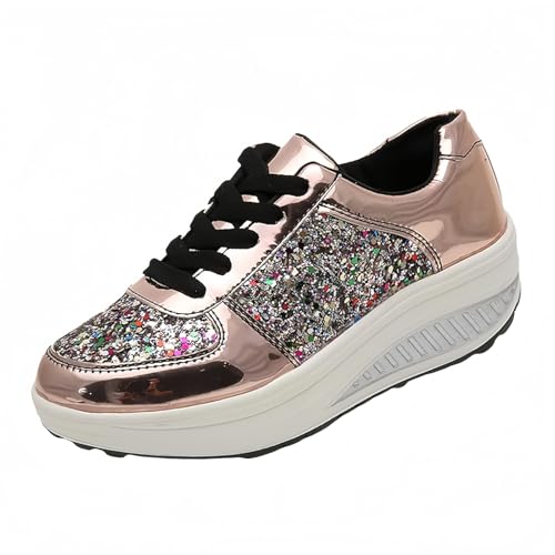 FQLGJMY Frauen Plattform Glitter Sneakers mit Spitze-Up Design Funkelnde Leichtgewicht Tennis Schuhe Strass Mode Chunky Bling Schuhe für Hochzeit Braut glänzende Pailletten Party Walking Sneakers von FQLGJMY