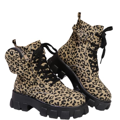 FQLGJMY Frauen Plattform Spitze-Up Kampfstiefel Runde geschlossene Zehe niedrigen Absatz Knöchel Kurze Stiefel mit Tasche Mid-Absatz Dicke Sohle Punk Motorrad Herbst Winter Stiefel von FQLGJMY