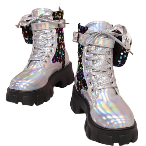 FQLGJMY Frauen Plattform Spitze-Up Kampfstiefel Runde geschlossene Zehe niedrigen Absatz Knöchel Kurze Stiefel mit Tasche Mid-Absatz Dicke Sohle Punk Motorrad Herbst Winter Stiefel von FQLGJMY