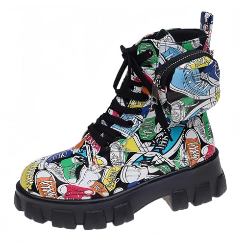 FQLGJMY Frauen Plattform Spitze-Up Kampfstiefel Runde geschlossene Zehe niedrigen Absatz Knöchel Kurze Stiefel mit Tasche Mid-Absatz Dicke Sohle Punk Motorrad Herbst Winter Stiefel von FQLGJMY