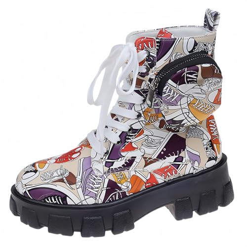 FQLGJMY Frauen Plattform Spitze-Up Kampfstiefel Runde geschlossene Zehe niedrigen Absatz Knöchel Kurze Stiefel mit Tasche Mid-Absatz Dicke Sohle Punk Motorrad Herbst Winter Stiefel von FQLGJMY