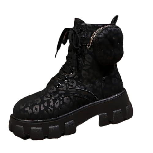 FQLGJMY Frauen Plattform Spitze-Up Kampfstiefel Runde geschlossene Zehe niedrigen Absatz Knöchel Kurze Stiefel mit Tasche Mid-Absatz Dicke Sohle Punk Motorrad Herbst Winter Stiefel von FQLGJMY