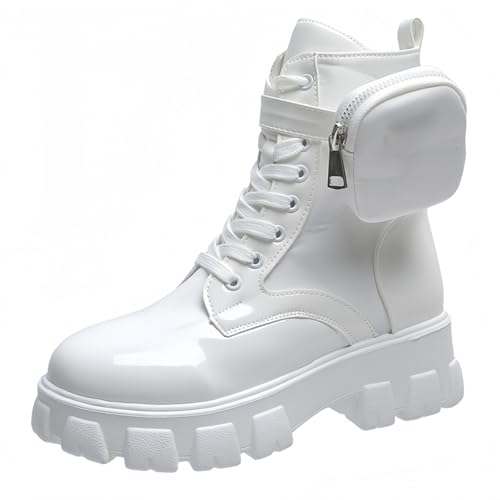 FQLGJMY Frauen Plattform Spitze-Up Kampfstiefel Runde geschlossene Zehe niedrigen Absatz Knöchel Kurze Stiefel mit Tasche Mid-Absatz Dicke Sohle Punk Motorrad Herbst Winter Stiefel von FQLGJMY