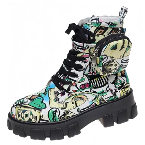 FQLGJMY Frauen Plattform Spitze-Up Kampfstiefel Runde geschlossene Zehe niedrigen Absatz Knöchel Kurze Stiefel mit Tasche Mid-Absatz Dicke Sohle Punk Motorrad Herbst Winter Stiefel von FQLGJMY