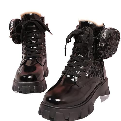 FQLGJMY Frauen Plattform Spitze-Up Kampfstiefel Runde geschlossene Zehe niedrigen Absatz Knöchel Kurze Stiefel mit Tasche Mid-Absatz Dicke Sohle Punk Motorrad Herbst Winter Stiefel von FQLGJMY