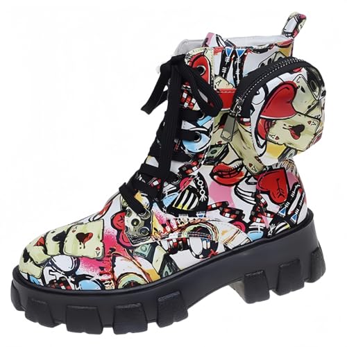 FQLGJMY Frauen Plattform Spitze-Up Kampfstiefel Runde geschlossene Zehe niedrigen Absatz Knöchel Kurze Stiefel mit Tasche Mid-Absatz Dicke Sohle Punk Motorrad Herbst Winter Stiefel von FQLGJMY