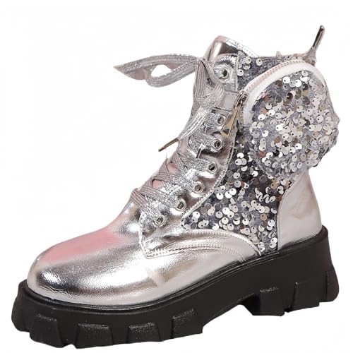 FQLGJMY Frauen Plattform Spitze-Up Kampfstiefel Runde geschlossene Zehe niedrigen Absatz Knöchel Kurze Stiefel mit Tasche Mid-Absatz Dicke Sohle Punk Motorrad Herbst Winter Stiefel von FQLGJMY