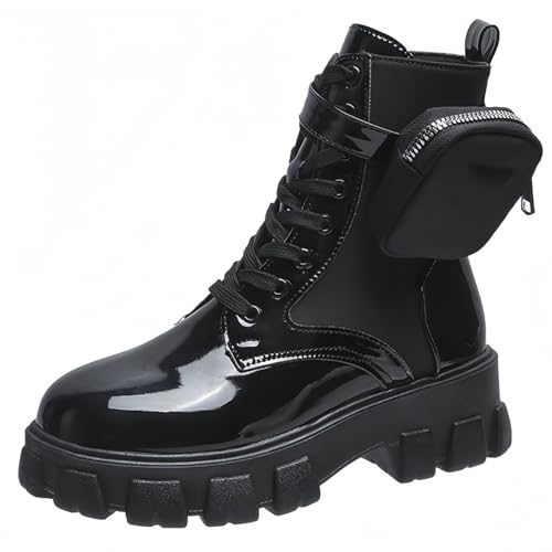 FQLGJMY Frauen Plattform Spitze-Up Kampfstiefel Runde geschlossene Zehe niedrigen Absatz Knöchel Kurze Stiefel mit Tasche Mid-Absatz Dicke Sohle Punk Motorrad Herbst Winter Stiefel von FQLGJMY