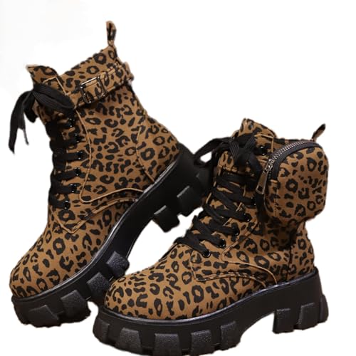 FQLGJMY Frauen Plattform Spitze-Up Kampfstiefel Runde geschlossene Zehe niedrigen Absatz Knöchel Kurze Stiefel mit Tasche Mid-Absatz Dicke Sohle Punk Motorrad Herbst Winter Stiefel von FQLGJMY